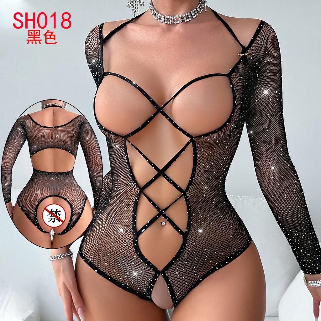 European and American erotic underwear tube top bikini onesie long-sleeved hollow net jacket fishing net onesie MY