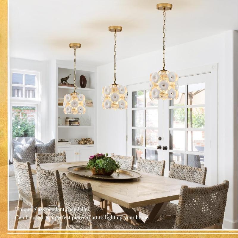 Gold Glass Pendant Light with White Ceramic Flowers