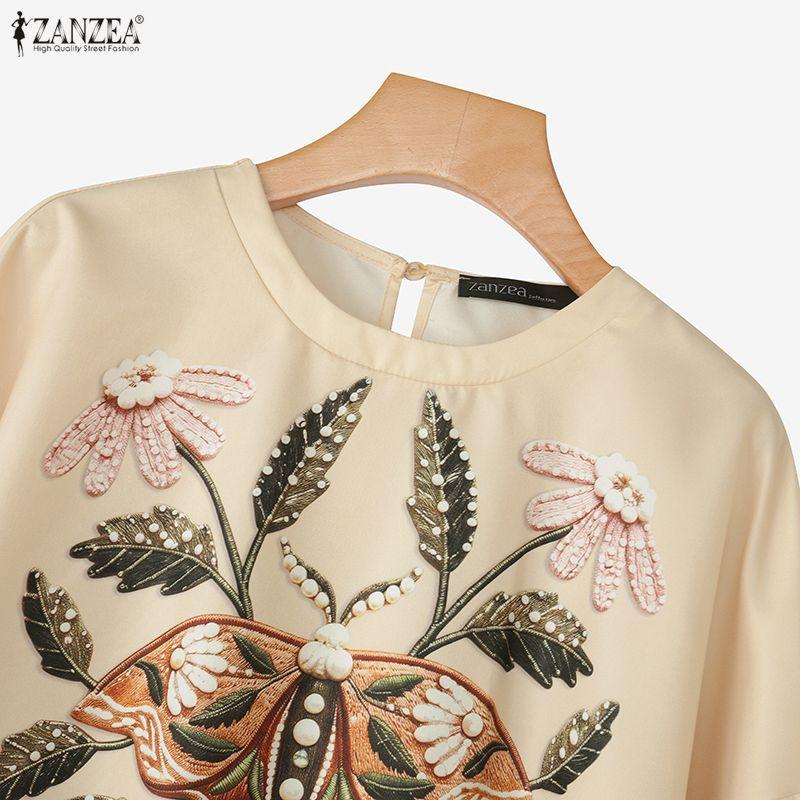 ZANZEA Camicetta casual da donna con scollo tondo e maniche a 3/4, ampia e stampata