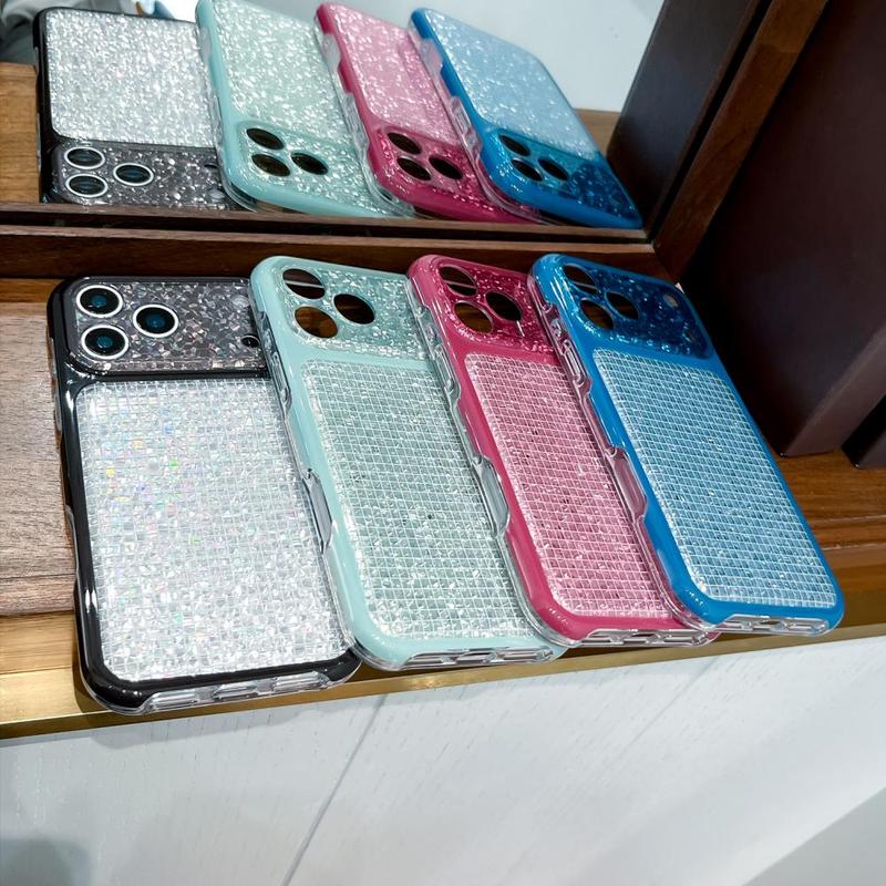 Glitter Diamond Grid Pattern Phone Case For iPhone 17 16 15 18 Pro Max Camera Protection Shockproof Anti-Fall Cover with Bracelet