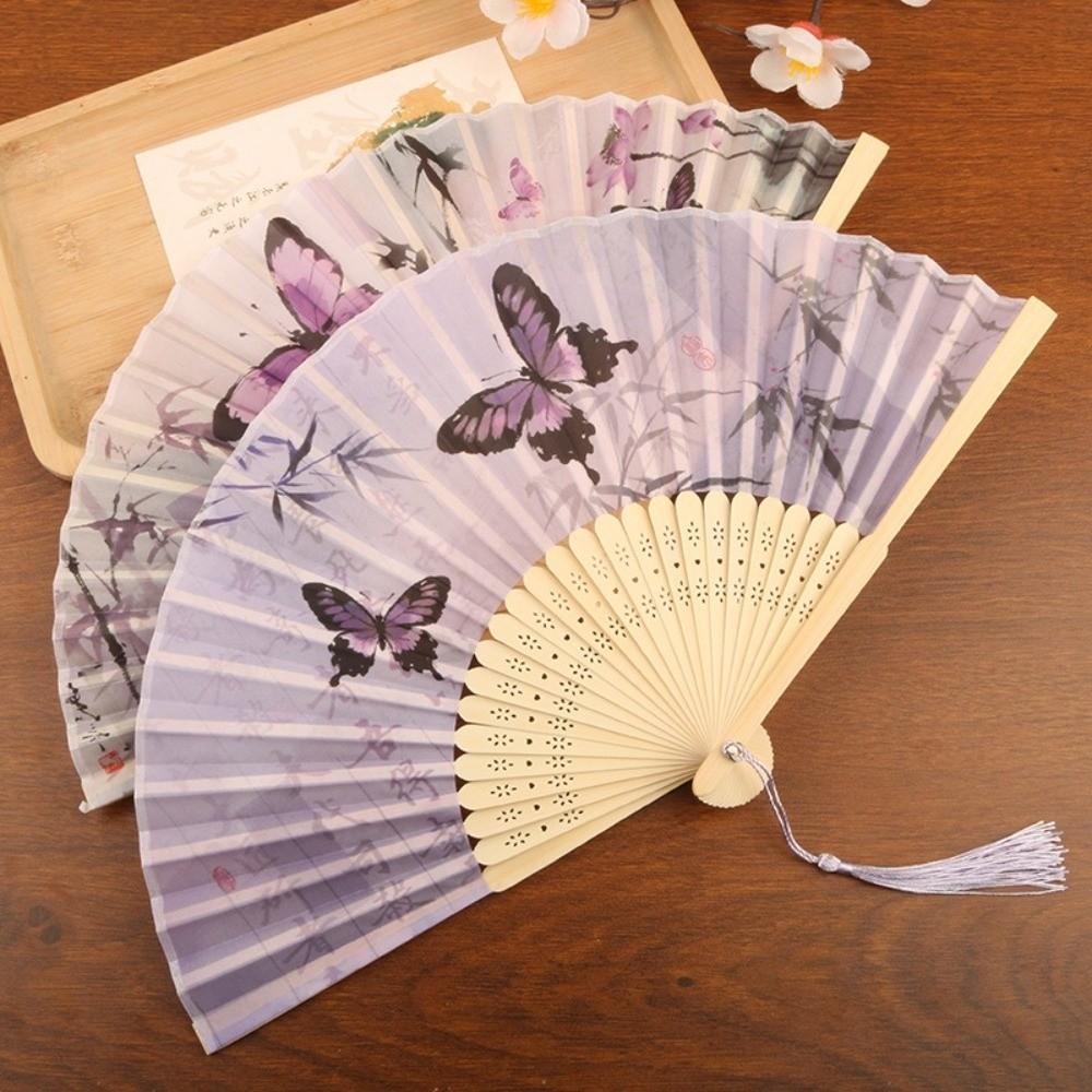 Vintage Chinese Style Silk Folding Fan Handmade Cooling Handheld Fan with Tassel Butterfly Pattern Retro Bamboo Fan Party Props