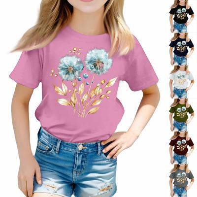 Girls Round Neck Casual Printed Short-sleeved T-shirt Top