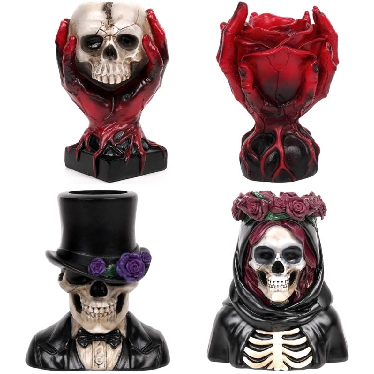 Gothic Skull Sculpture Rose Planter Resins Craft Flower Vases Container For Halloween Party Decors And Home Interior