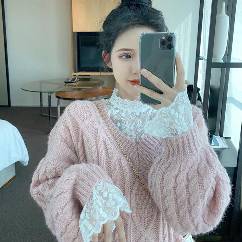 Plus Size Women's Lace Inner Shirt: Elegant Long Sleeve Mesh Top for Autumn/Winter