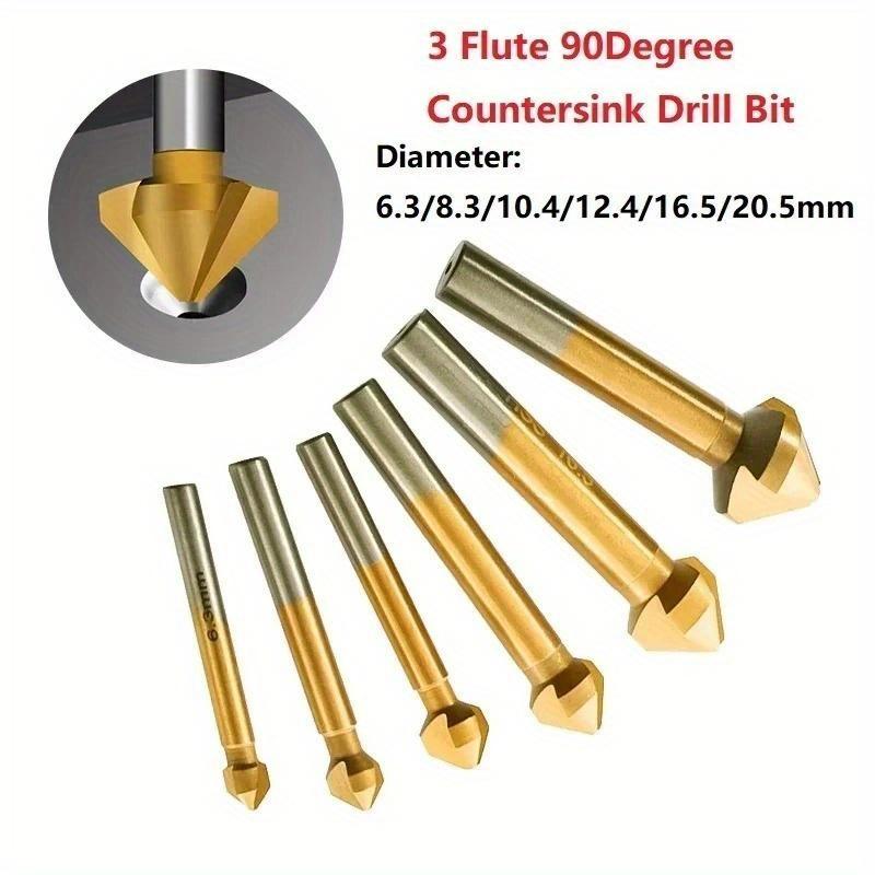 6Pcs/set Chamfering End Mill Tool Countersink Drill Bit Set Metal Wood 3 Flute 90 Degree High Speed Steel Titanium-Coated Deburring Hole