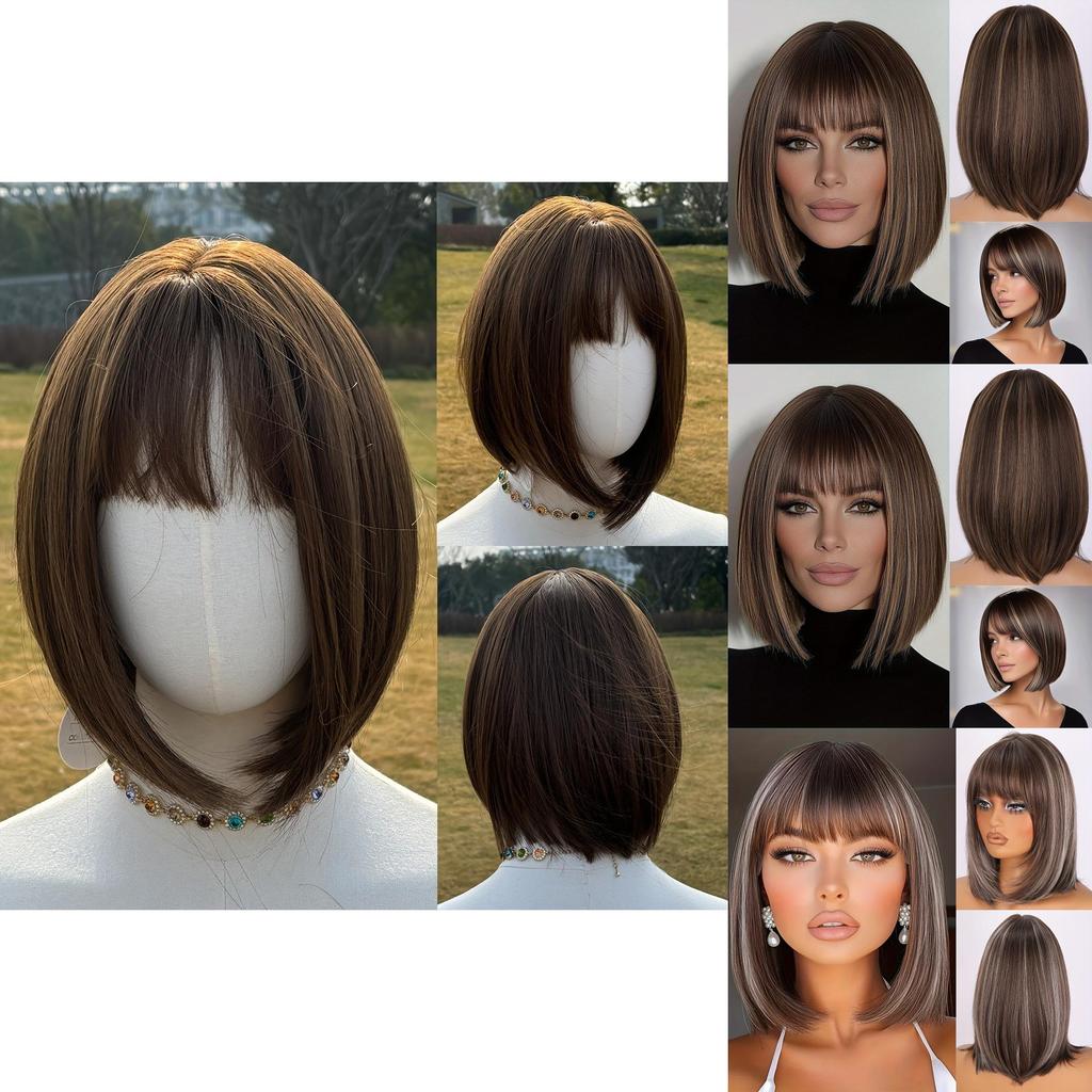 Womens Short Straight Wig With Bangs Hightemperature Silk For Casual And Party Use