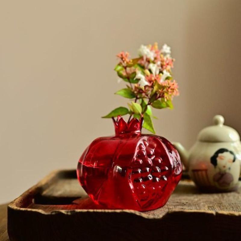 Creative Red Glass Pomegranate Flower Dining Table Vase Table Top Ornament Hydroponic Plant Vase Flower Arrangement Container