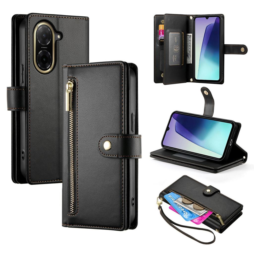 For Xiaomi Redmi A5 NFC (EU) (173.45mm) Case Zipper Pocket Wallet Leather Phone Cover with Straps