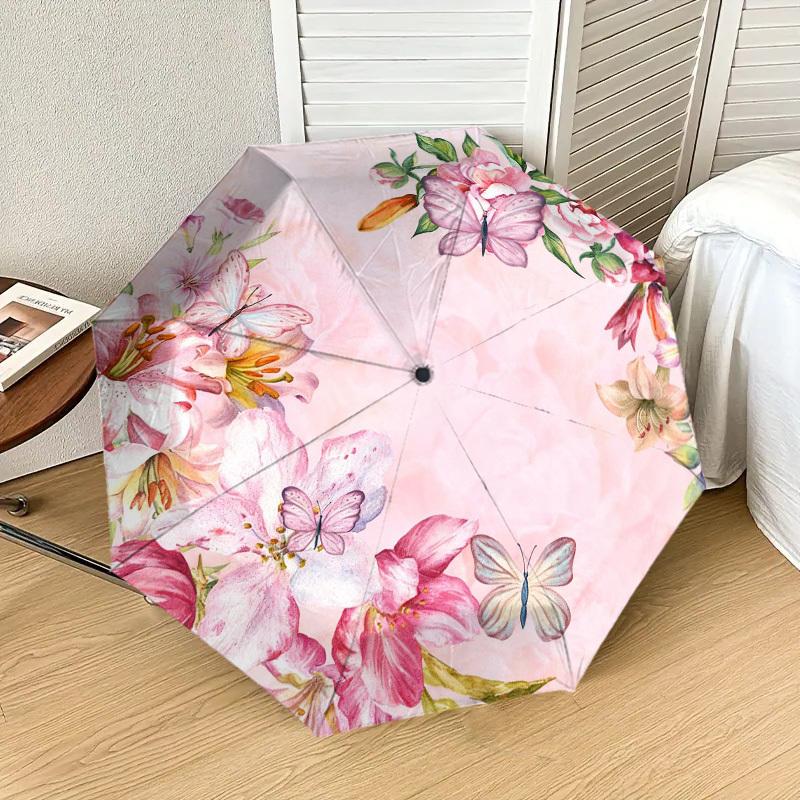 1 Stück Blumen Schmetterling Automatischer Faltregenschirm, Robuster 8-Rippen-Eisenrahmen, Geeignet für Reisen, Täglichen Gebrauch, Geburtstag, Dekorationsgeschenk m0104019