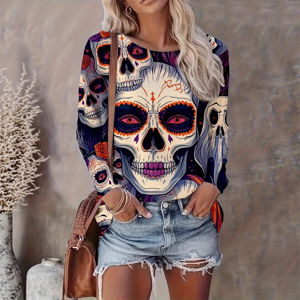 Women's Autumn and Winter 3D Printed Crew Neck Long Sleeve T-Shirt Fashion Versatile Trend Breathable Casual