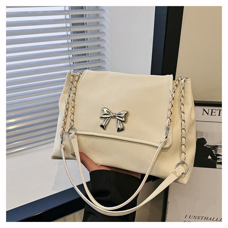 Large Capacity Solid Color Women's Bag 2024 Summer Bow Simple Fashion Commuter Chain Shoulder Bag Women