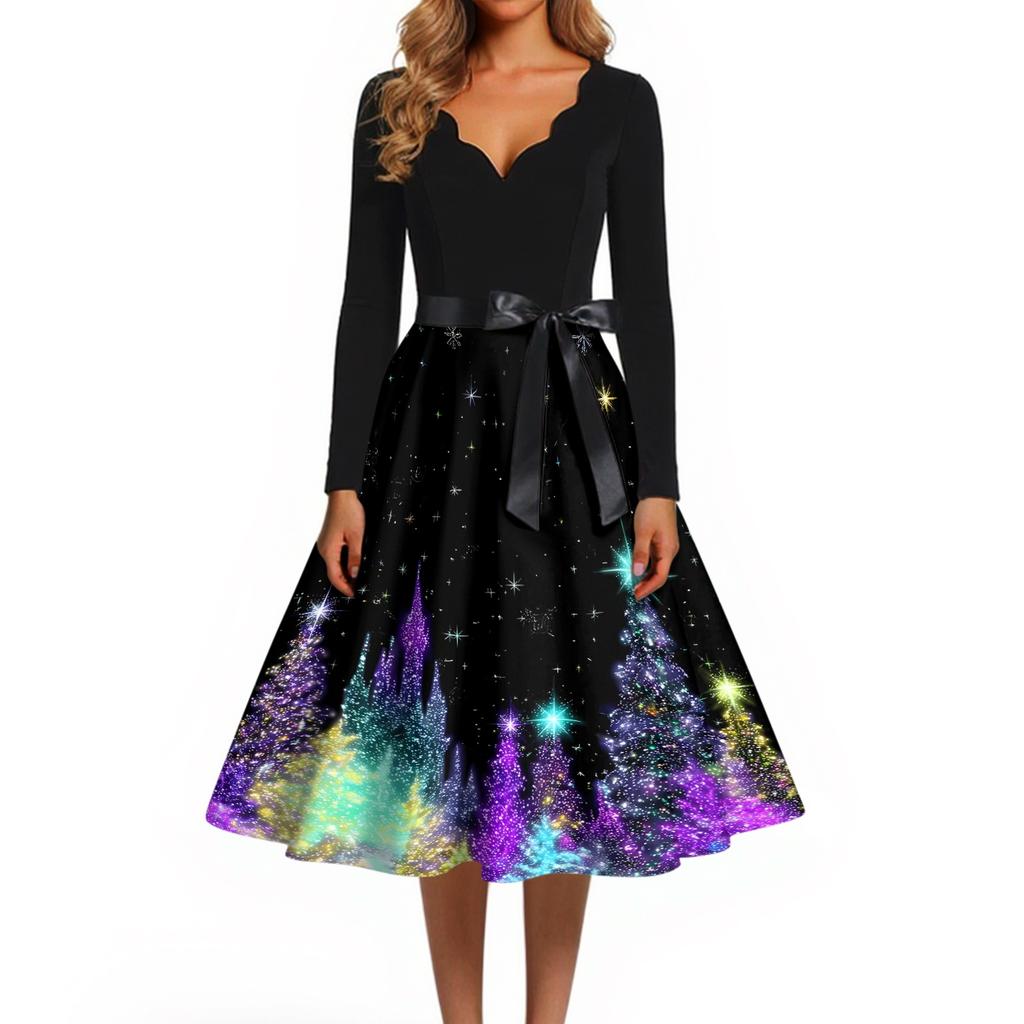 Women's Casual Christmas Print V Neck Vintage Dress for Holiday Party and Everyday Wear