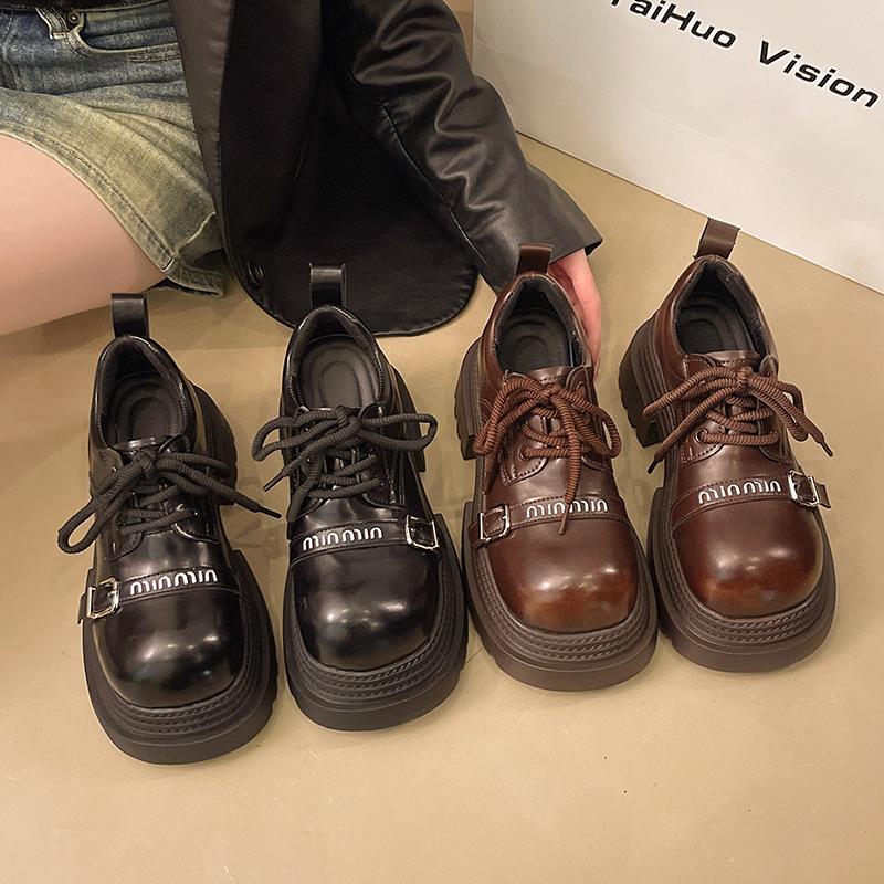 European muffin single shoes, small thick-soled heightened small leather shoes, 2025 spring new fashion high-heeled loafers women's shoes tide