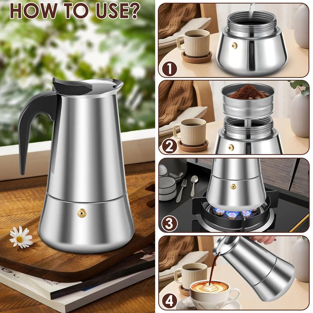 Cafeteira Expresso de Fogão Versátil Aço Inoxidável Cafeteira Moka Economizadora de Tempo Clássica Fogões de Indução para Uso Doméstico