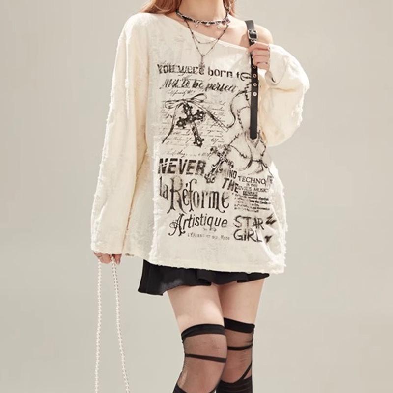 Wasteland Off-Shoulder Printed Cover-Up: Women's Loose Long Sleeve Ripped T-Shirt for Summer Sun Protection.