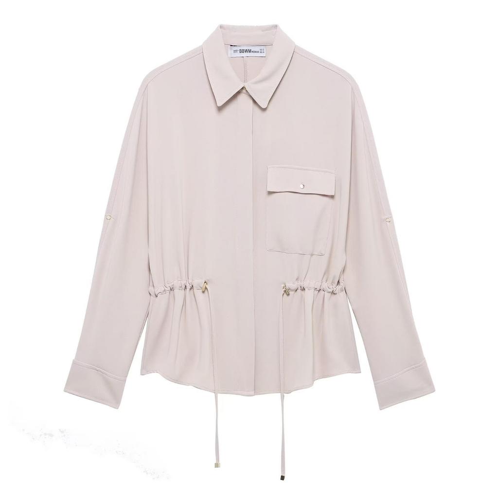 ZR1116 European and American summer women's POLO collar versatile casual drawstring lace-up long-sleeved shirt top