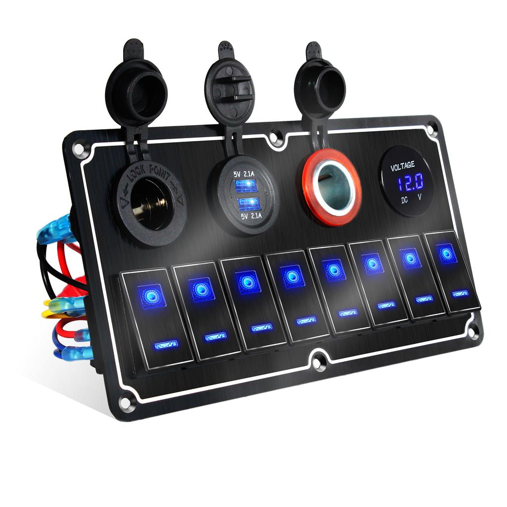 2/4/6/8 Group Waterpoof Switch Panel Dual USB Socket Digital Voltmeter Cigarette Lighter Power Outlet Dual Blue Light 12/24V