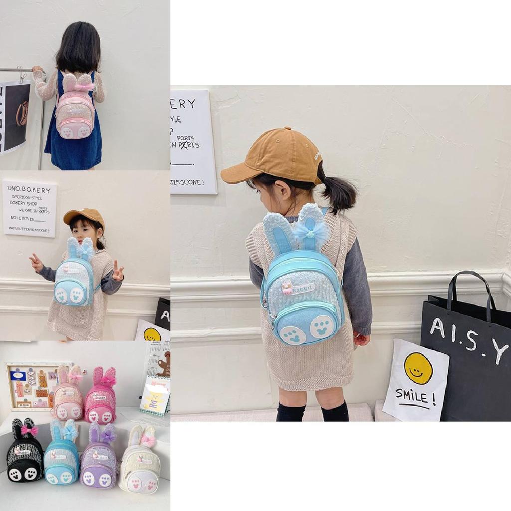 Adorable Bunny Ear Cartoon Kids Backpack Stylish Korean Design Sequin Pu Material