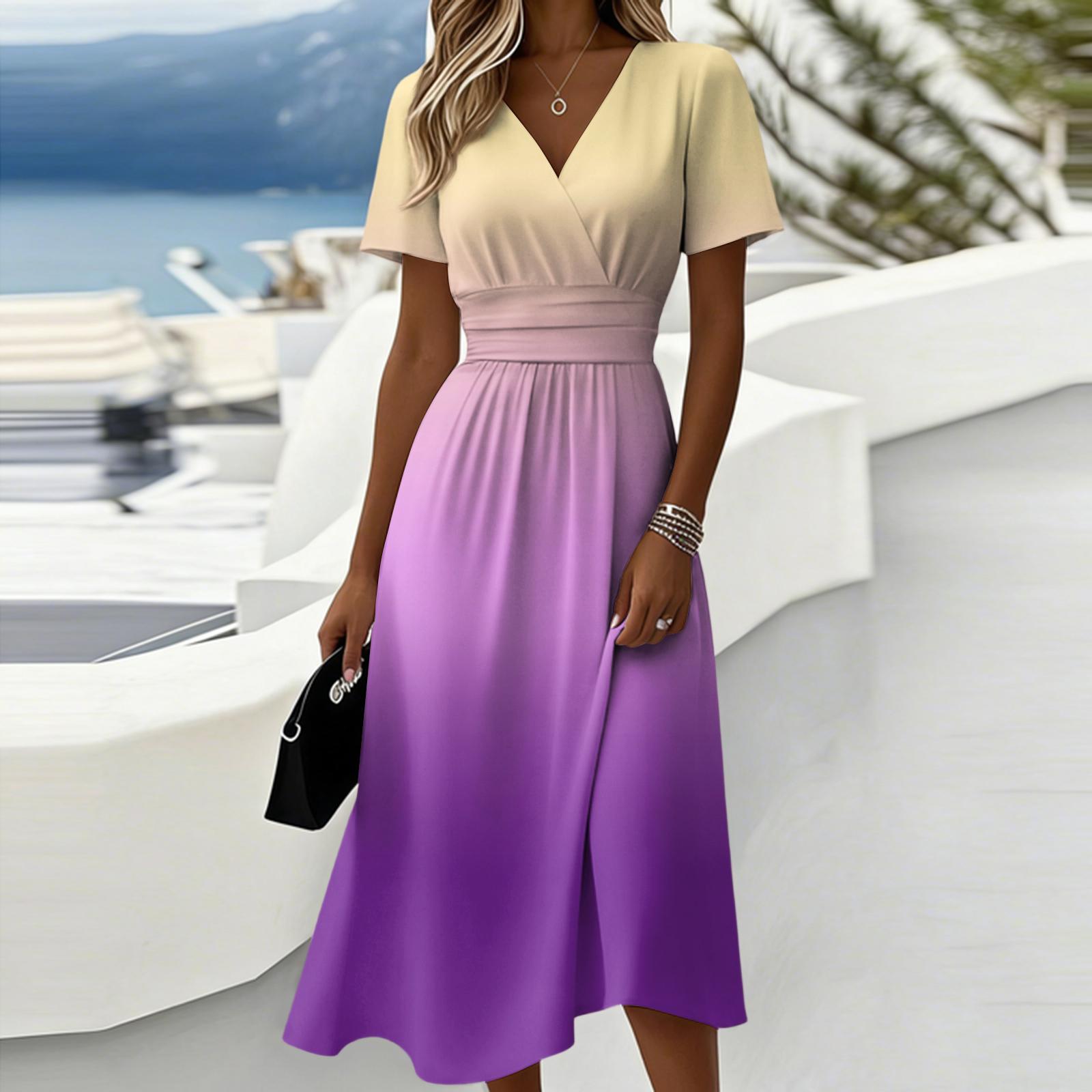 

Женское градиентное повседневное модное платье с коротким рукавом и V-образным вырезом L