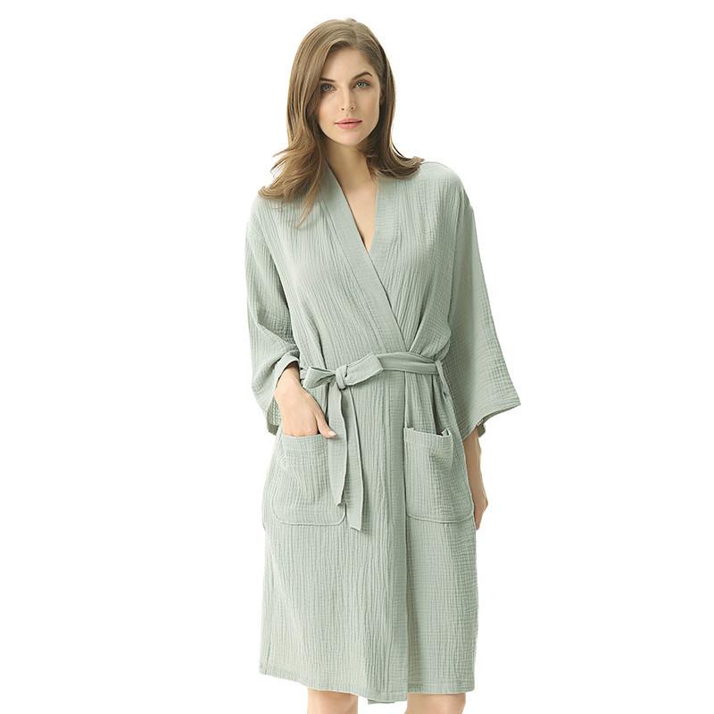 Plain Color Thin Bathrobe Cotton Double Layered Washed Gauze Women's Yukata Kimono Style Women's Nightgown