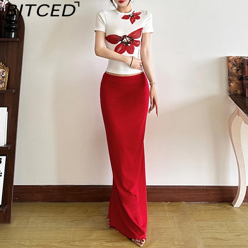 

BITCED Summer Women s Solid-Colour Slim-Fit O-Neck Short-Sleeved Fashionable High-Waisted Skirt Set XXL червоний/білий