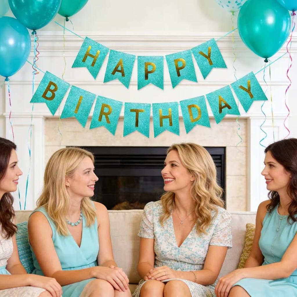 Teal Glitter Gold Happy Birthday Banner Sign Turquoise Aqua Decorations for Girls Men Women Anniversary Birthday Party Garland Backdrop Supplies