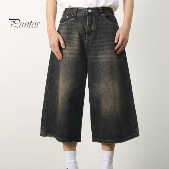 Pánské letní zkrácené džíny Knoflíček zip se zapínáním na zip Džínové kalhoty přechod Barva široká noha zkrácené kalhoty Streetwear