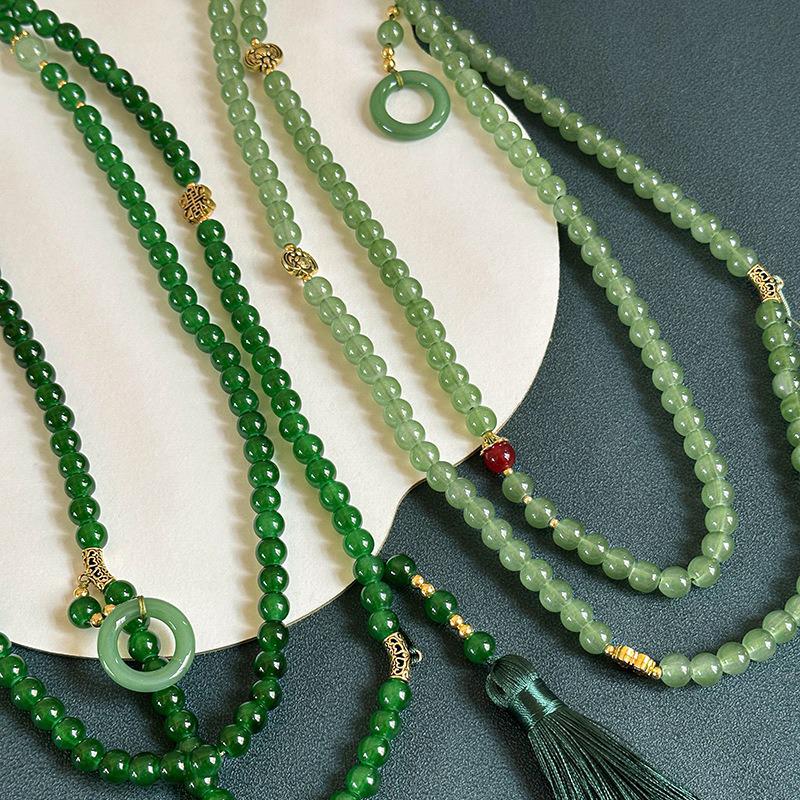 108-Bead Green Tassel Necklace - Long Chinese-Style Sweater Chain Accessory