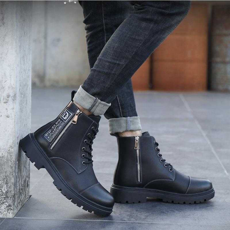 Fashion Autumn Winter Cow Leather Boots for Men Fashion Casual Soft Sole Platform Shoes Male Designer Retro Black Zipper Work Boots Men