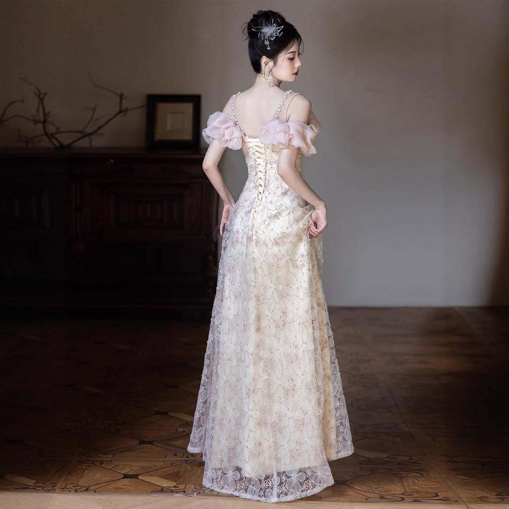 Champagne Evening Dress Skirt Female Birthday Bar Mitzvah Princess Style Banquet Engagement Skirt High-end Light Luxury Annual Meeting Host