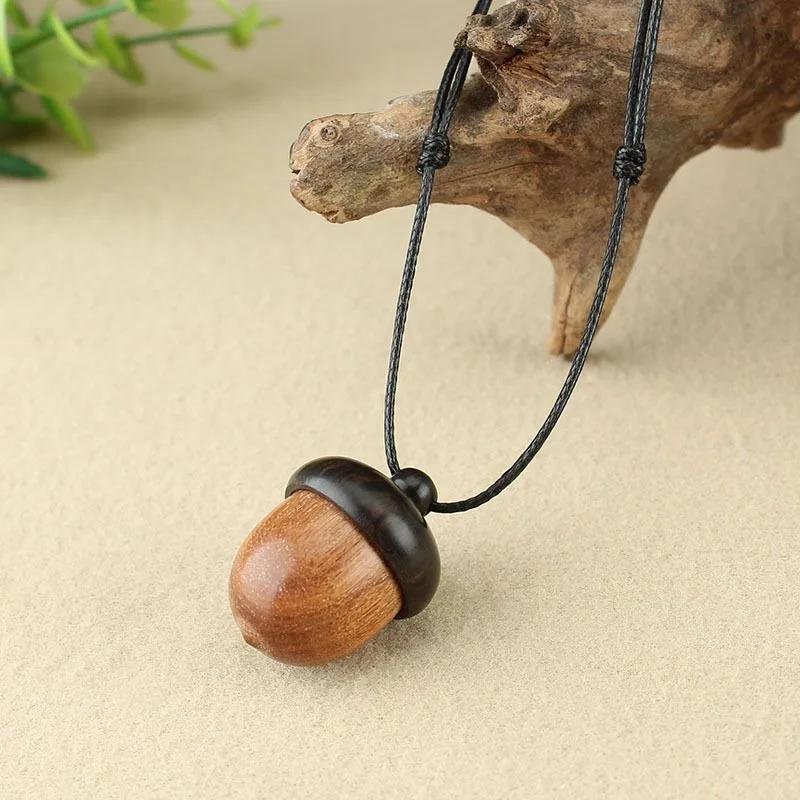 Vintage Sandalwood Acorn Pendant Necklace Simple Ebony Acorn Wishing Openable Acorn Shaped Box Pendant Long Sweater Chain