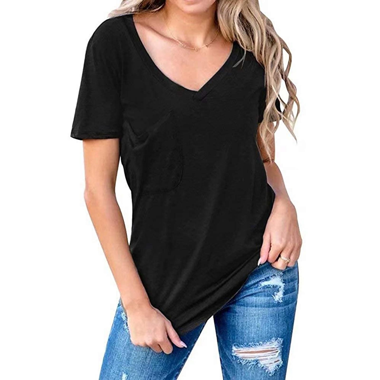 

Women s Casual Fashion V-Neck Tops Short-Sleeved Pocket Loose T-Shirt L чёрный