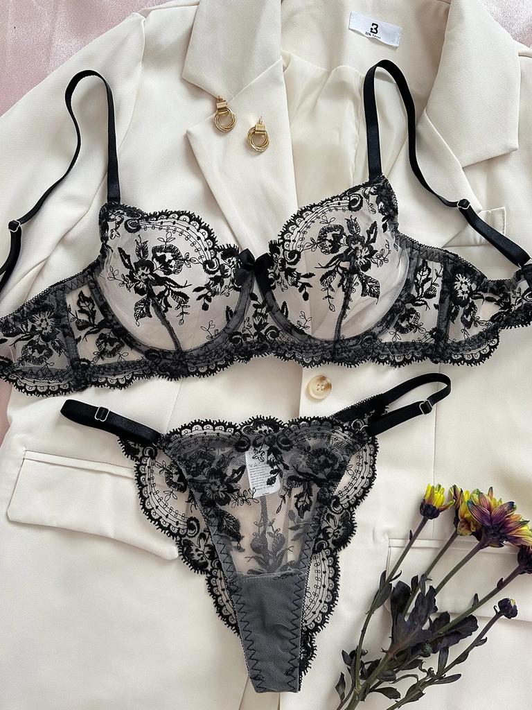 Flower Embroidery Perspective Mesh  Sexy Comfortable  Simple And Generous Lingerie Set Sexy Lingerie  Sexy Costume
