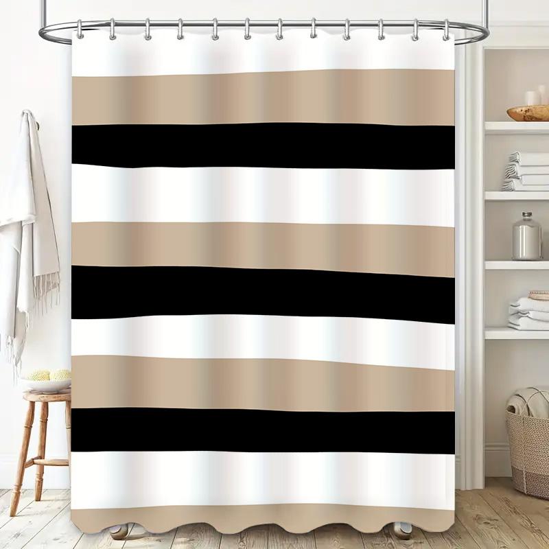 Striped Shower Curtain Modern Design with Black, White, and Beige Colors for Bathroom Decor Waterproof Fabric Shampoo Soap Dispe