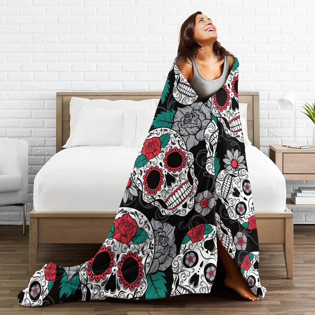 Sugar Skull Day of the Dead Blankets Gothic Mexican Skeleton Halloween Flannel Funny Warm Throw Blankets for Home Spring/Autumn