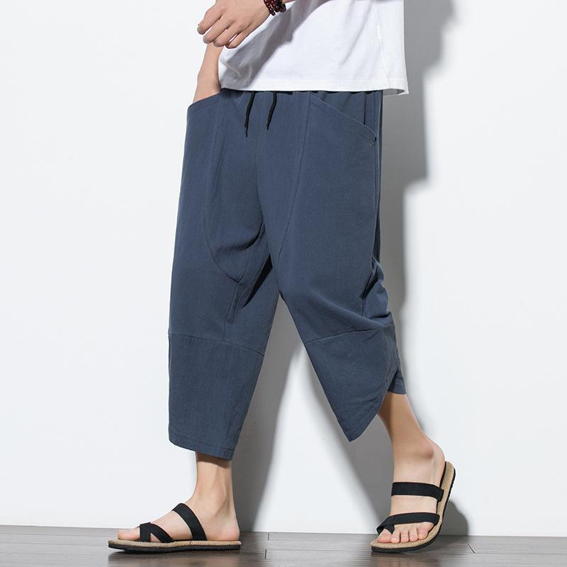 Pantalon Harem Homme Été Style Chinois Coton Lin Streetwear Rétro Shorts de Plage Pantalon Décontracté Mi-Mollet M-5XL