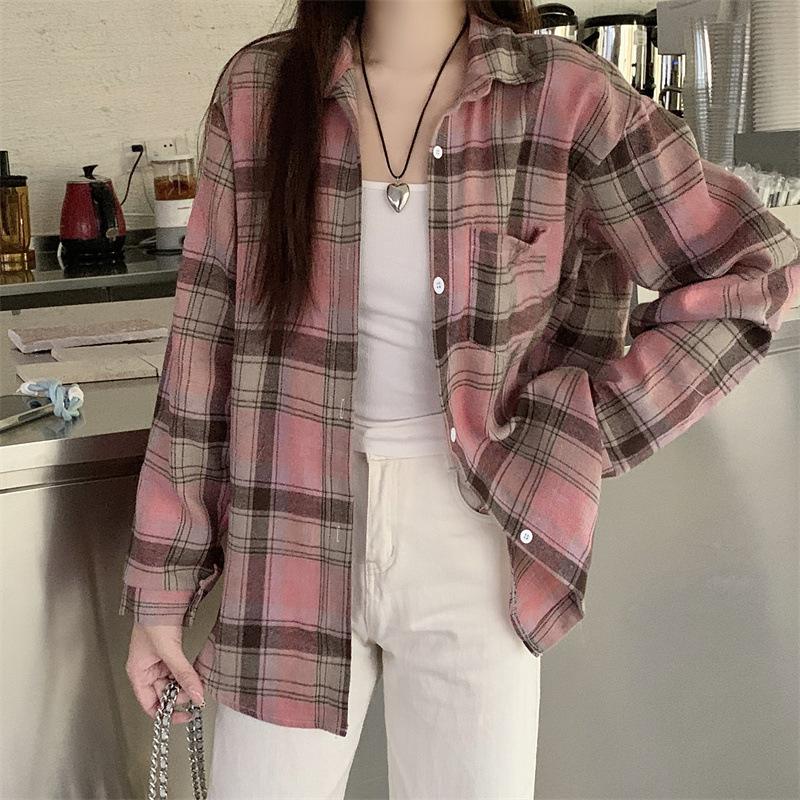1116 New Spring and Autumn Design Plaid Shirt Jacket Women's New Loose Casual Meat Cover Medium and Long Shirt