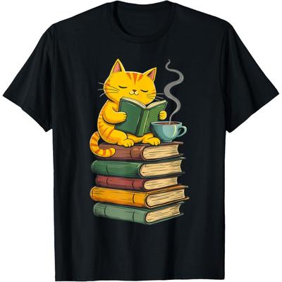 Kawaii Cats Lover Coffee Books Teacher Librarian Cat T-Shirt