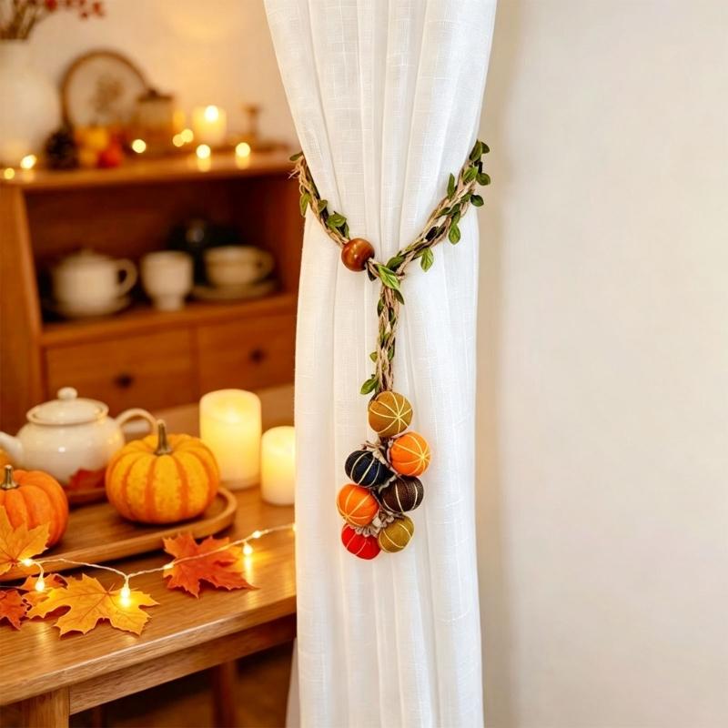 Harvest Curtain Holdback in Polyester with Pumpkin Charms for Window Panels, Door Curtains, and Seasonal Party Displays