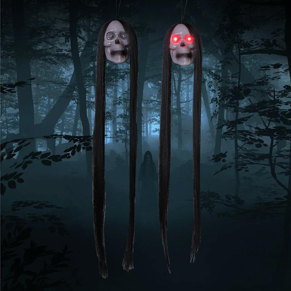 With Long Hair Halloween Hanging Ghost Skull Plastic Terror Skull Props   Scene Props