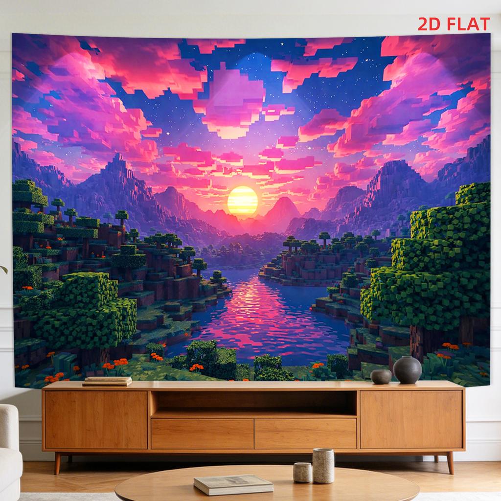 2D Flat, 1 Large/Small Suitable for Wall Tapestry - Pixel Art Mountain River Landscape with Sunset, Horizontal Wall Hanging for Living Room, Meditatio