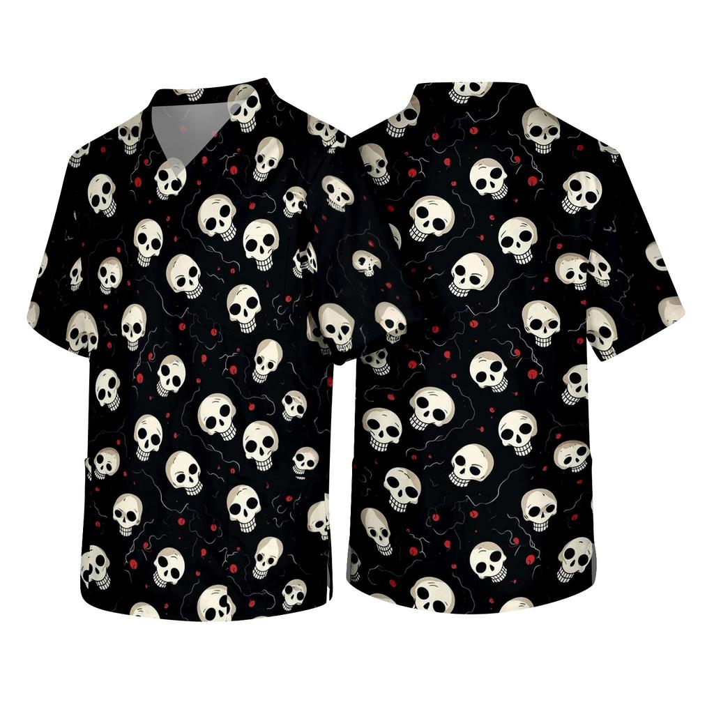 Men V Neck Short Sleeve Halloween Print Chest Pocket Scrub Top Comfortable Fit Soft Fabric Workwear Shirt