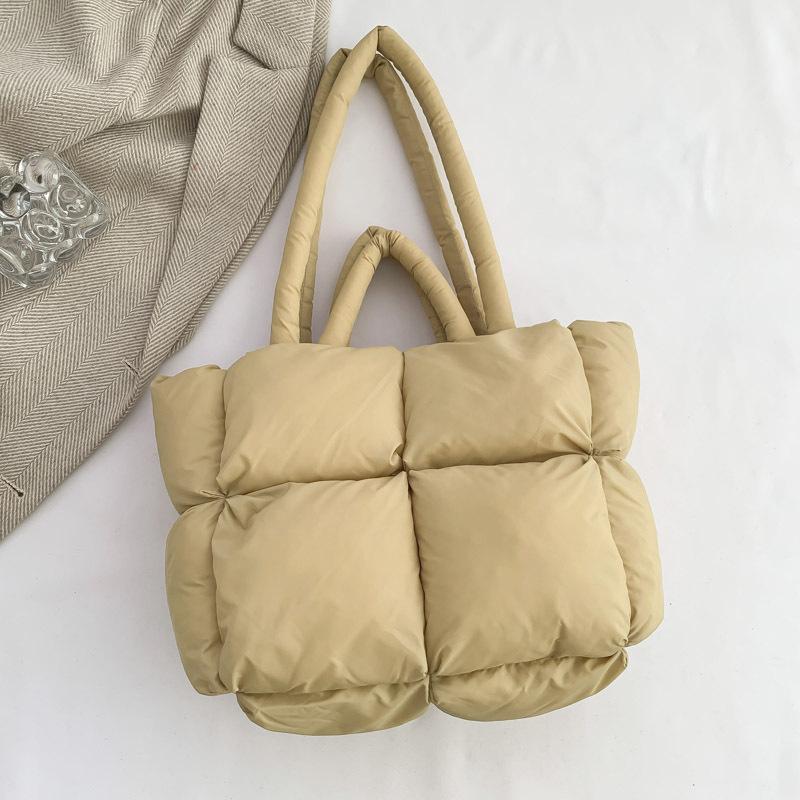 Down Bag Cotton Clothing Women's Bag Simple Cotton Space Bag Tote Bag Soft Checkered Handbag Shoulder Bag