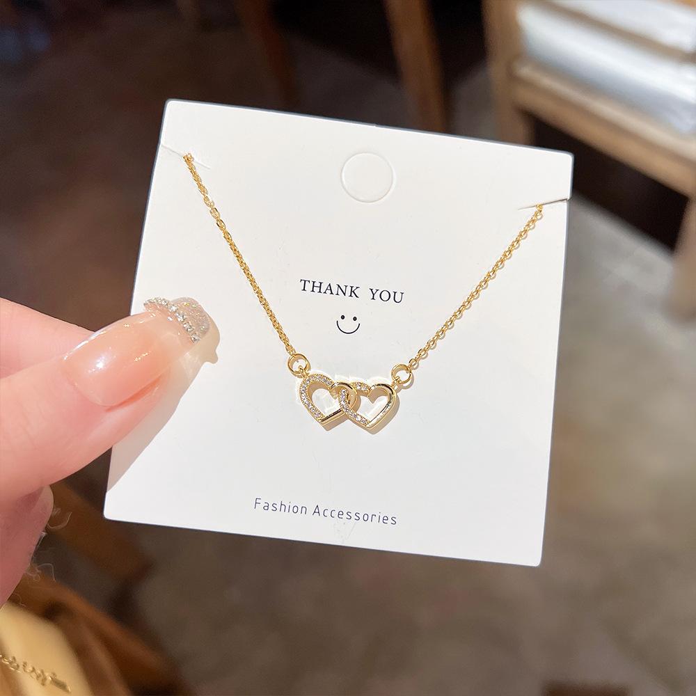 Edelstahlkette Goldfarbe Romantischer Zirkon Doppelherz Anhänger Halsketten für Damen Mädchen Zarte Accessoires Geschenke