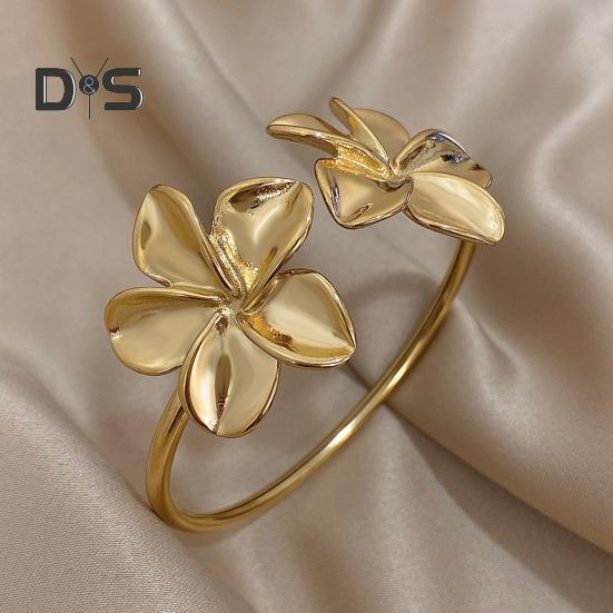 Flower Cuff Bracelets for Women Double Flower Open Bangle Bracelet Adjustable Metal Bracelets Wedding Party Jewelry