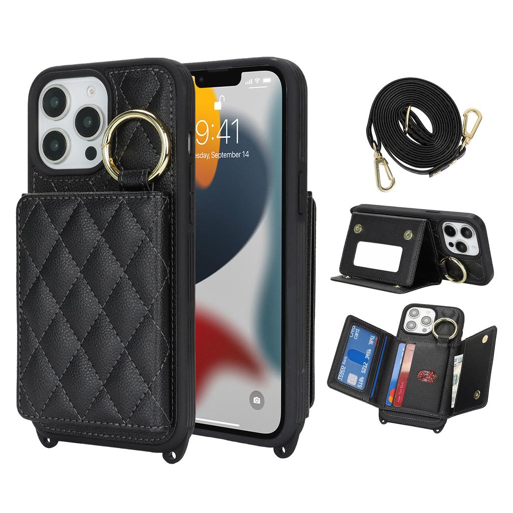 For iPhone 13 Pro Max/12 Pro Max Case with Lanyard/Mirror/Card Holder Grids Pattern RFID Blocking Phone Cover