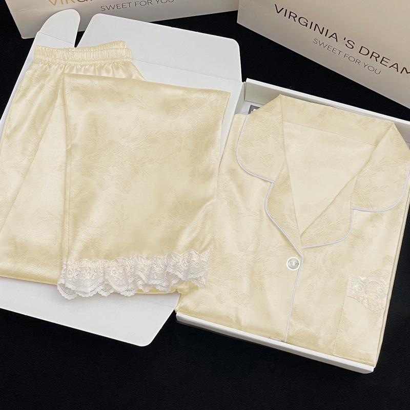 Women's Ice Silk Pajamas - Summer Cute Bear Design, Cartoon Style, Short Sleeve, Long Pants, High-End Feel, Homewear