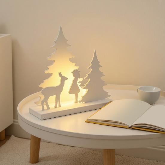3D Printed PLA Home Decorations Christmas Girl Reindeer Tabletop Decor, Fairy Tale Forest Silhouette Nordic Simplicity Interior Decor with Tree,