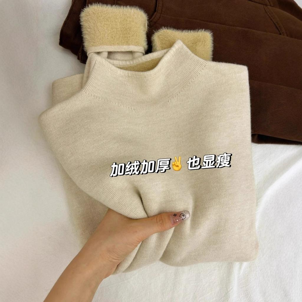 [Integrated fleece] Autumn and winter semi-turtleneck fleece thickened sweater women's warm inner with solid color shirt ins