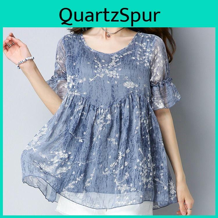 Sleeved Short Plus Size Chiffon Womens Top With Floral Loose T Round Neck And Stylish Small Shirt